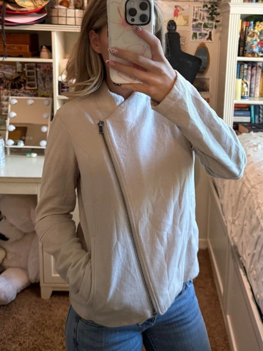 Helmut Lang Beige Asymmetrical Zip Moto Jacket Size S Pima Cotton Lined